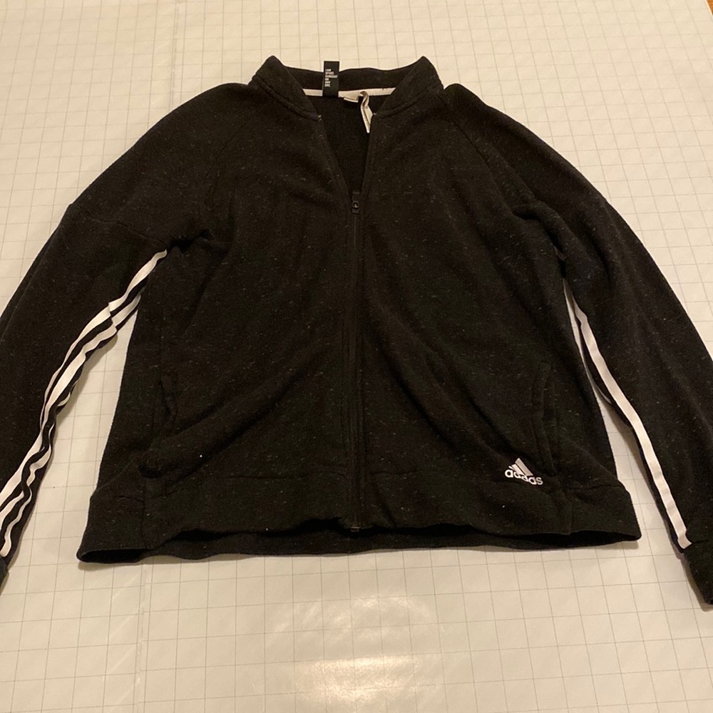 Black Adidas zip-up with stripes in sleeves
